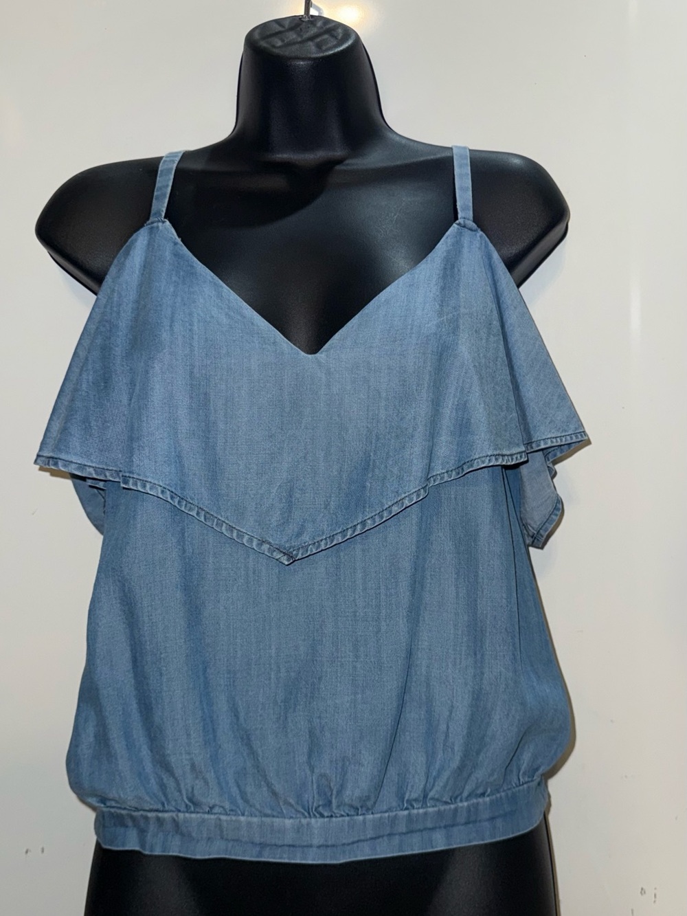 bebe Light Blue Denim Ruffle Off Shoulder Top